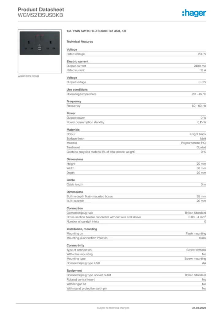 Image Hager Product data sheet WGMS213SUSBKB  | Hager Africa