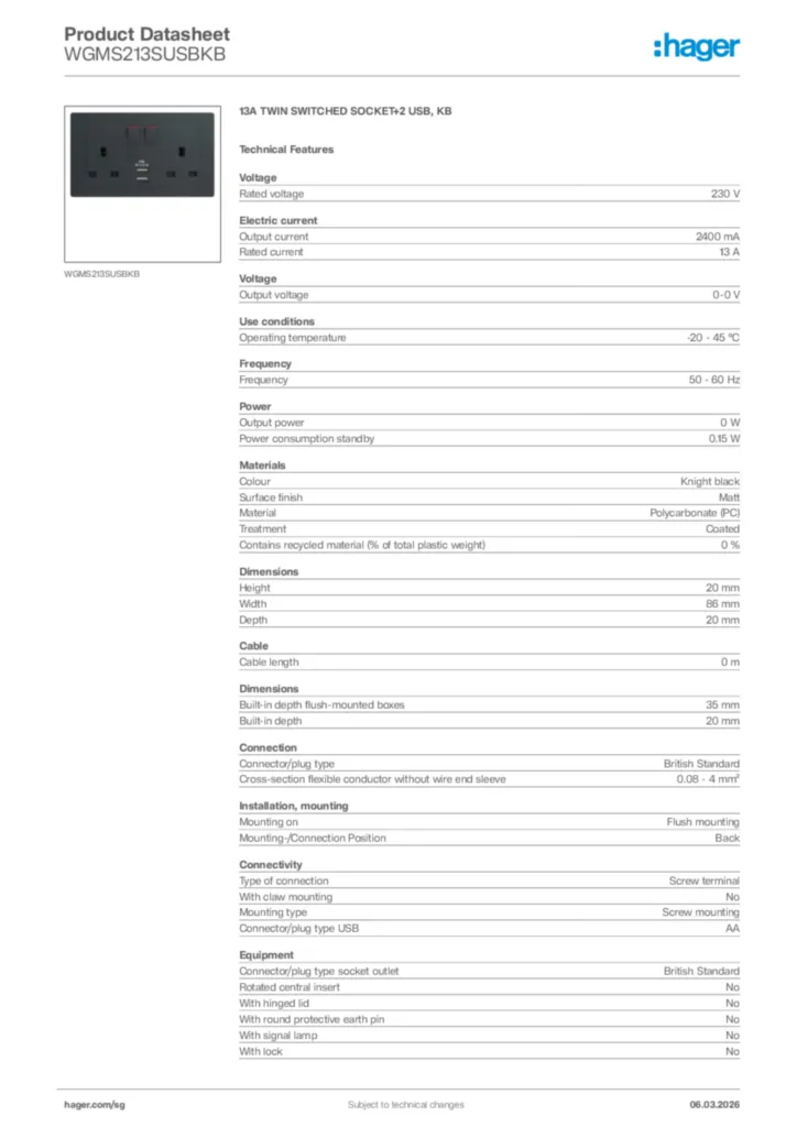 Image Hager Product data sheet WGMS213SUSBKB  | Hager