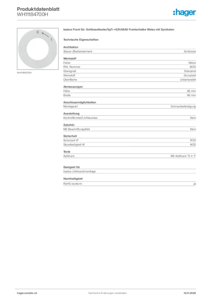 Bild Hager Produktdatenblatt WH11184700H | Hager Schweiz