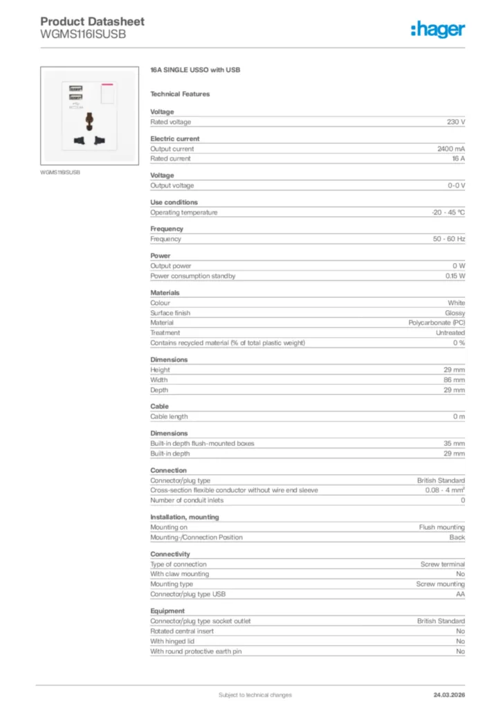 Image Hager Product data sheet WGMS116ISUSB  | Hager Africa
