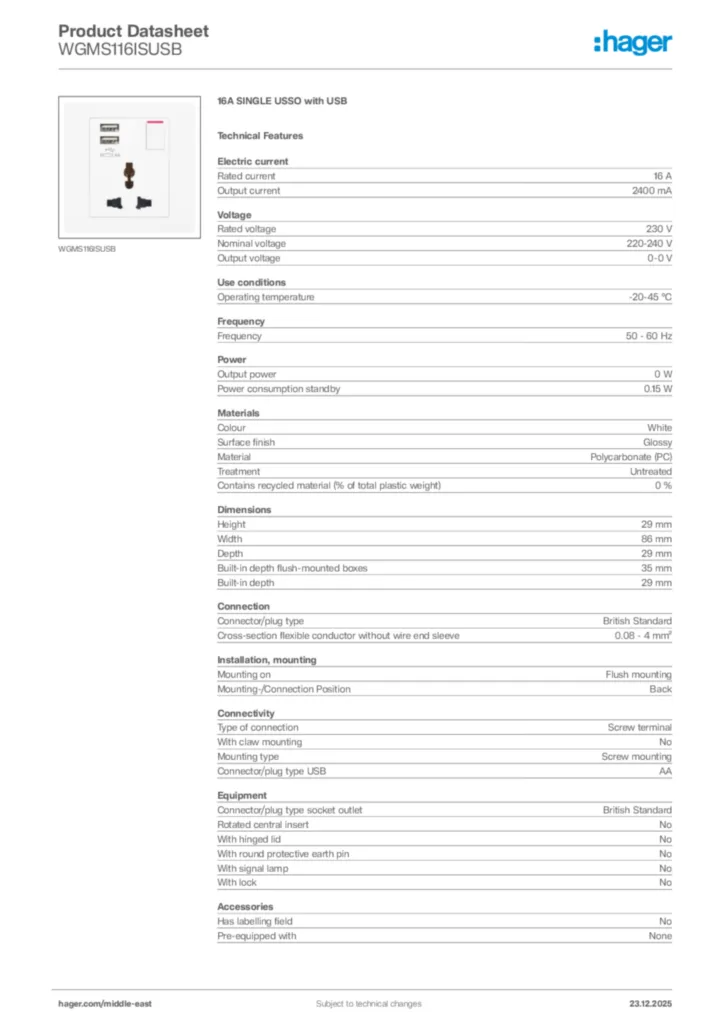 Image Hager Product data sheet WGMS116ISUSB  | Hager