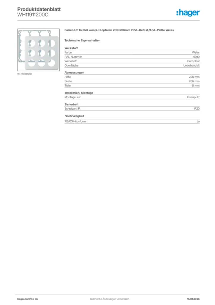 Bild Hager Produktdatenblatt WH11911200C | Hager Schweiz