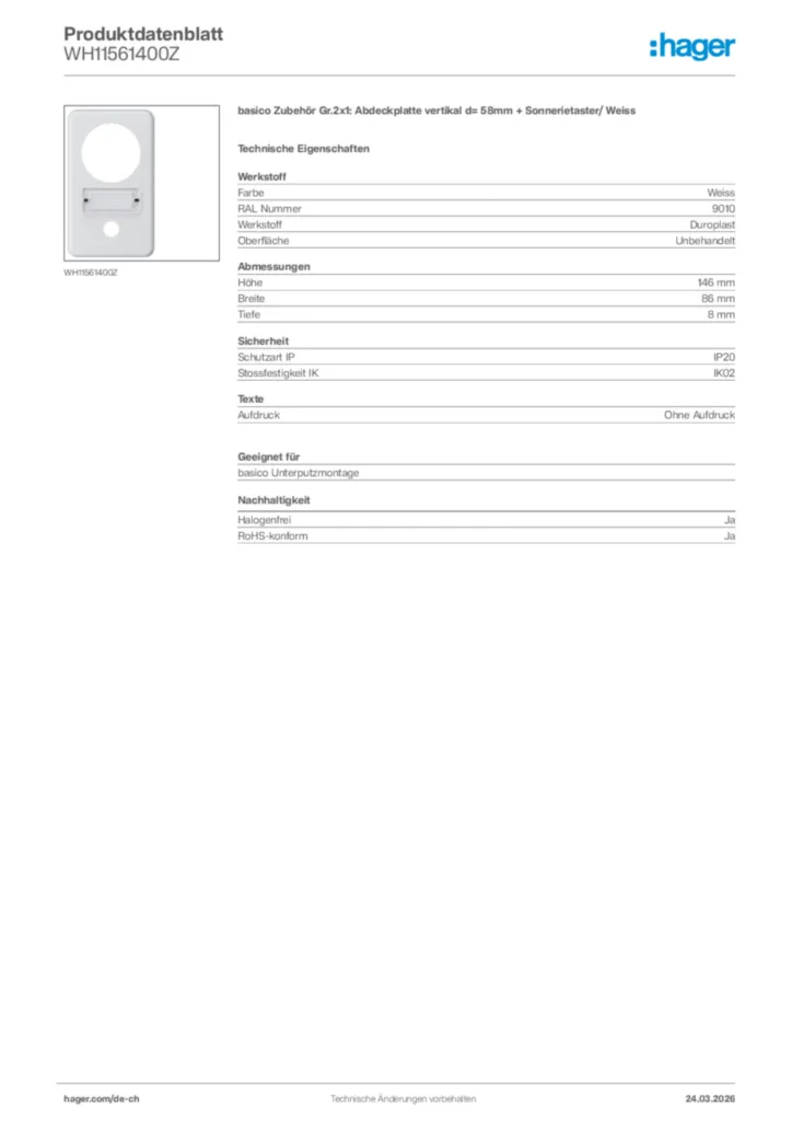 Bild Hager Produktdatenblatt WH11561400Z | Hager Schweiz