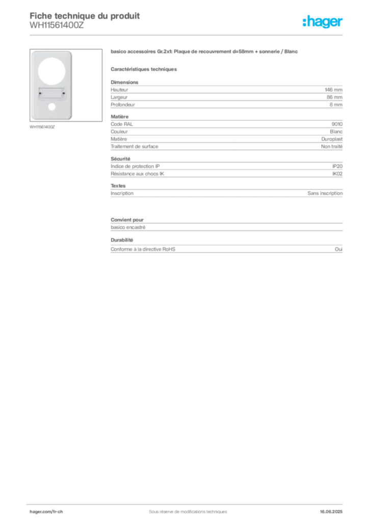 Image Hager Fiche technique du produit WH11561400Z | Hager Suisse
