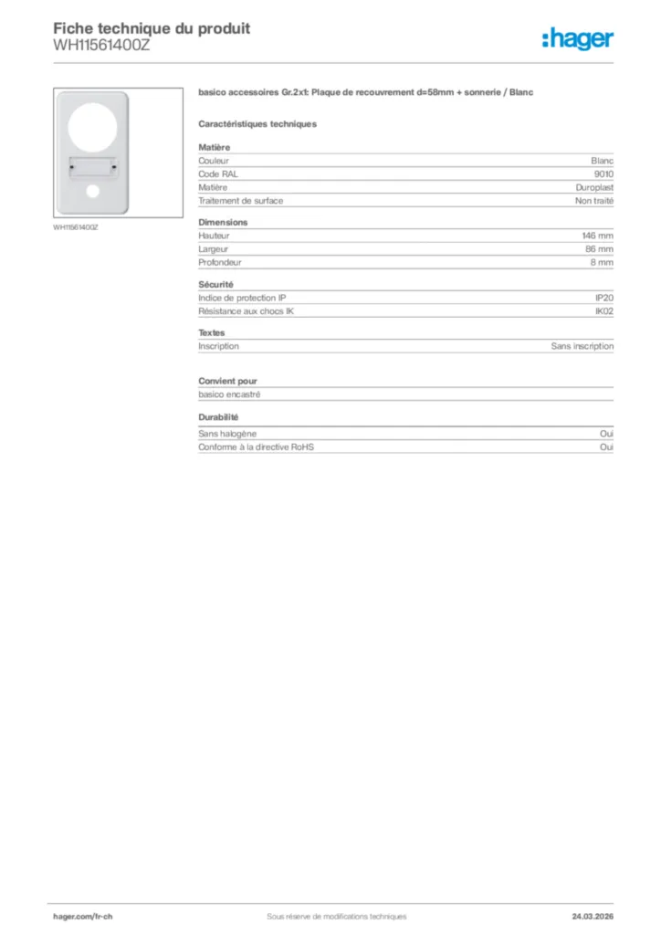 Image Hager Fiche technique du produit WH11561400Z | Hager Suisse