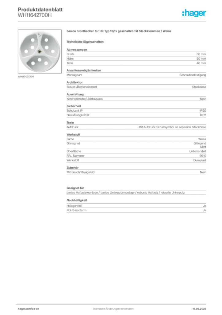 Bild Hager Produktdatenblatt WH11642700H | Hager Schweiz