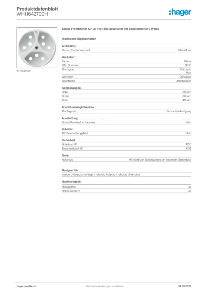 Bild Hager Produktdatenblatt WH11642700H | Hager Schweiz