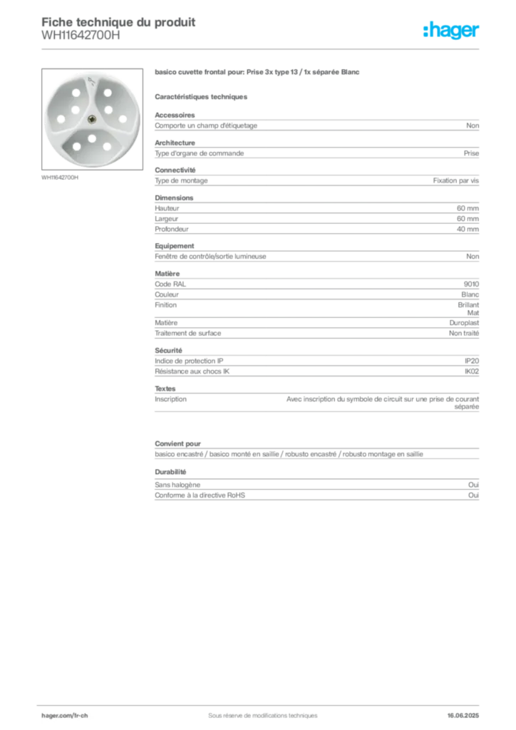 Image Hager Fiche technique du produit WH11642700H | Hager Suisse