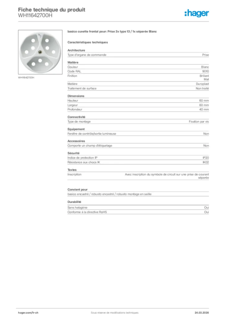 Image Hager Fiche technique du produit WH11642700H | Hager Suisse