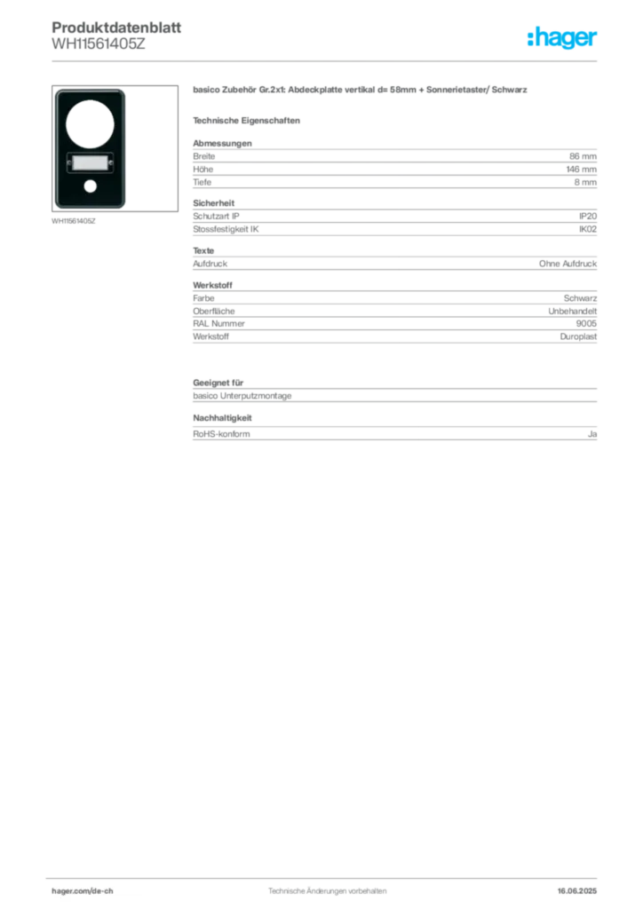 Bild Hager Produktdatenblatt WH11561405Z | Hager Schweiz