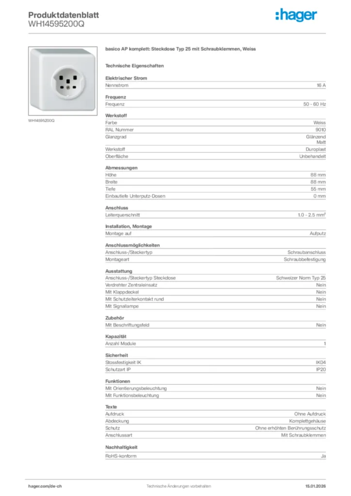 Bild Hager Produktdatenblatt WH14595200Q | Hager Schweiz