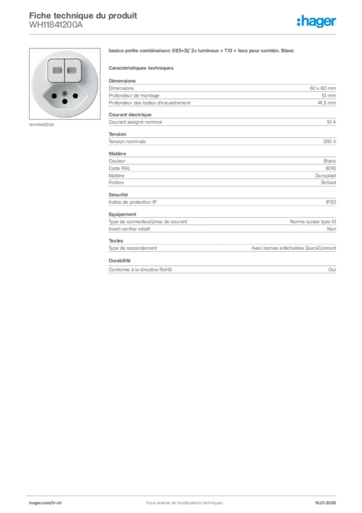 Image Hager Fiche technique du produit WH11841200A | Hager Suisse