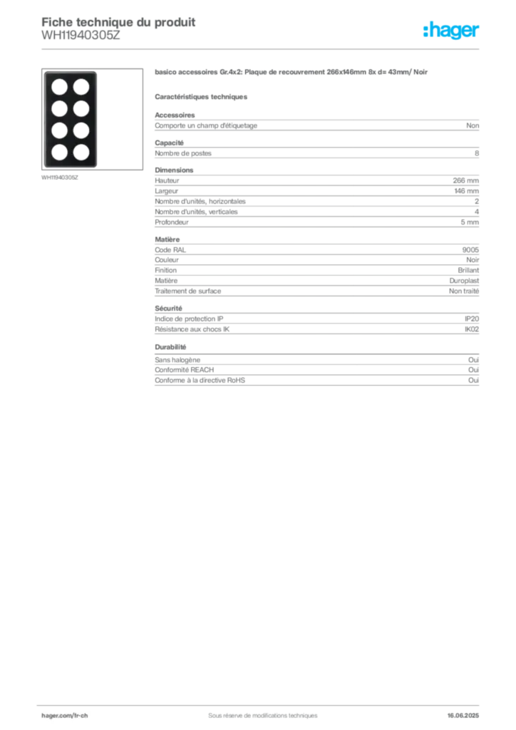Image Hager Fiche technique du produit WH11940305Z | Hager Suisse