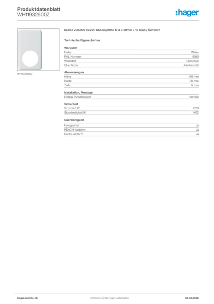 Bild Hager Produktdatenblatt WH11932600Z | Hager Schweiz