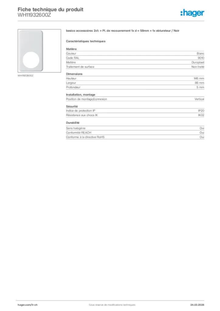 Image Hager Fiche technique du produit WH11932600Z | Hager Suisse
