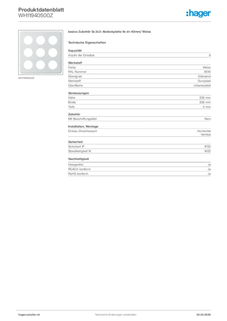 Bild Hager Produktdatenblatt WH11940500Z | Hager Schweiz