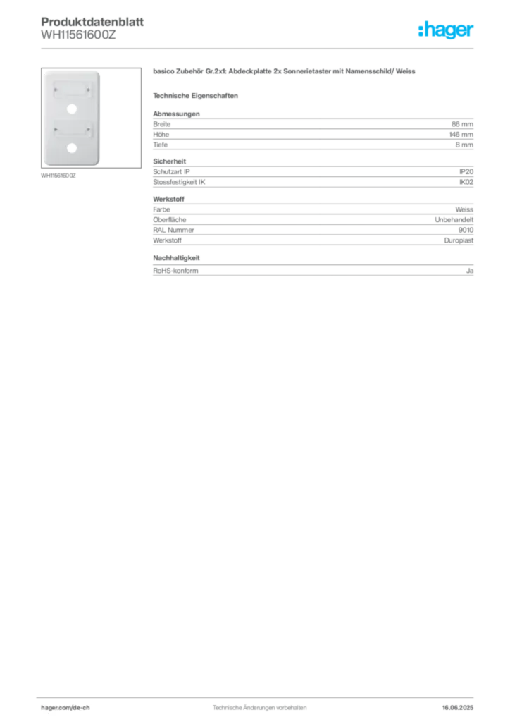 Bild Hager Produktdatenblatt WH11561600Z | Hager Schweiz