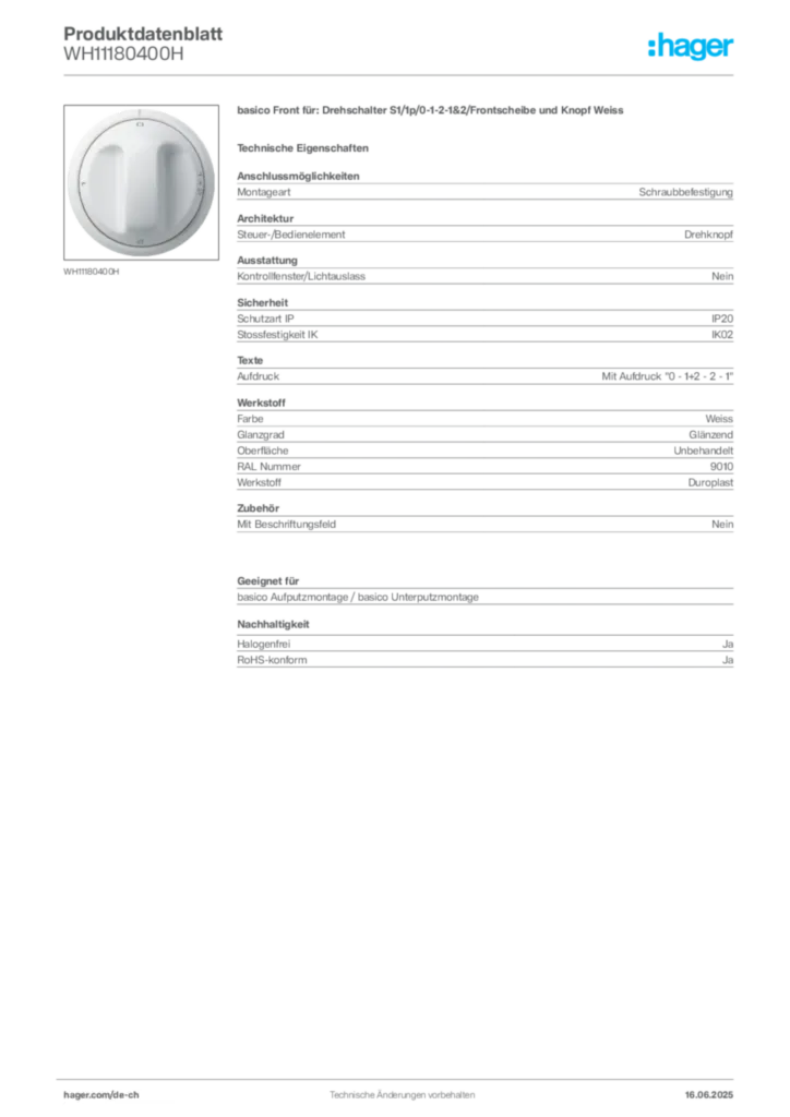 Bild Hager Produktdatenblatt WH11180400H | Hager Schweiz