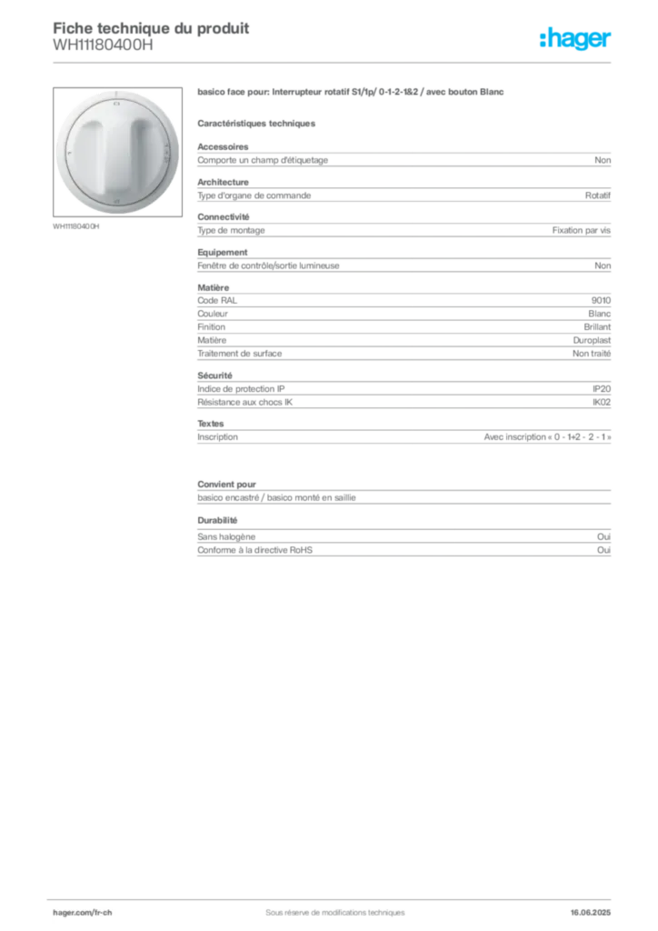 Image Hager Fiche technique du produit WH11180400H | Hager Suisse