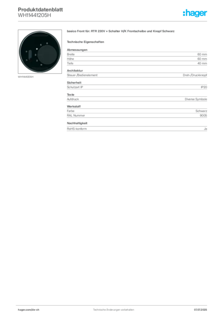 Bild Hager Produktdatenblatt WH11441205H | Hager Schweiz