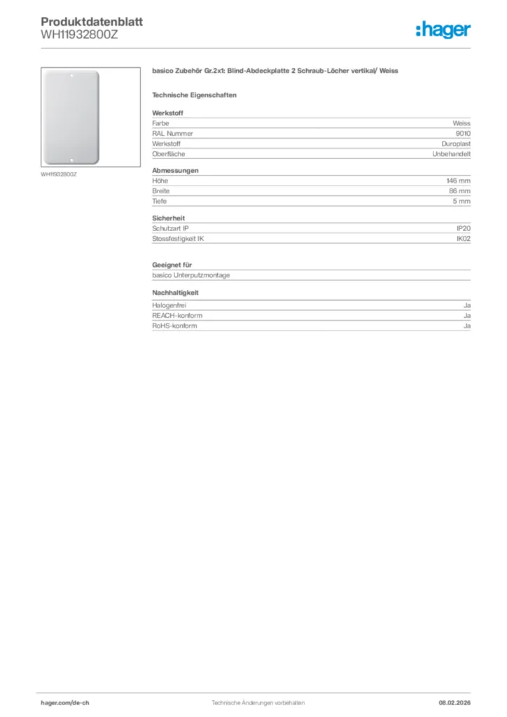 Bild Hager Produktdatenblatt WH11932800Z | Hager Schweiz
