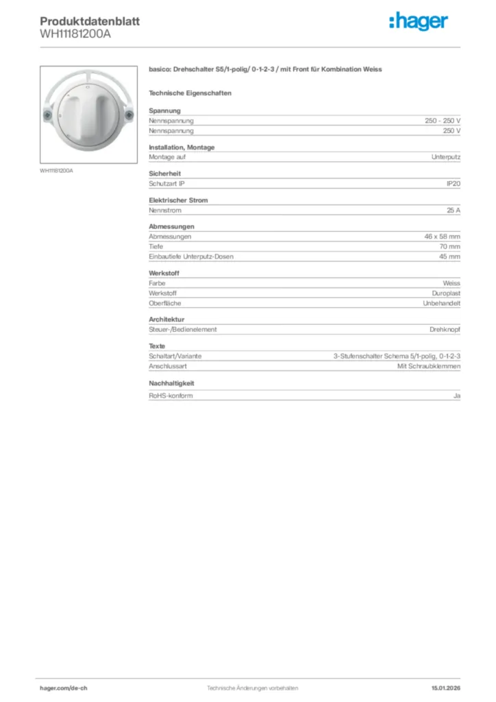 Bild Hager Produktdatenblatt WH11181200A | Hager Schweiz