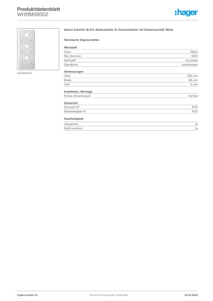 Bild Hager Produktdatenblatt WH11561800Z | Hager Schweiz