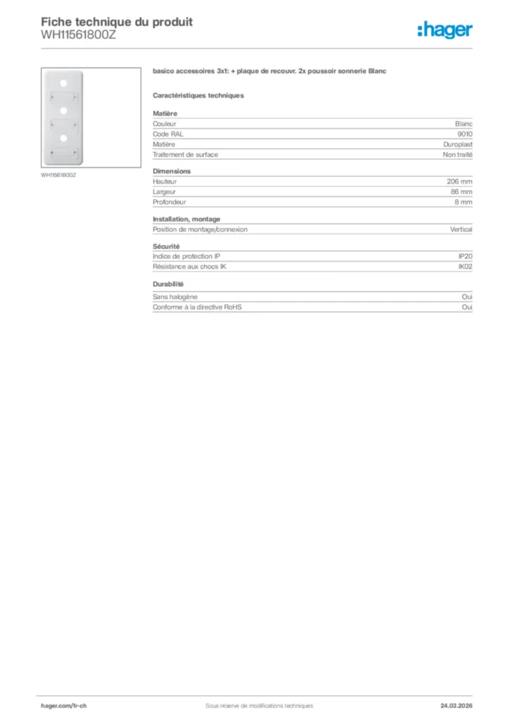 Image Hager Fiche technique du produit WH11561800Z | Hager Suisse