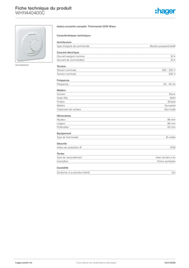 Image Hager Fiche technique du produit WH11440400C | Hager Suisse