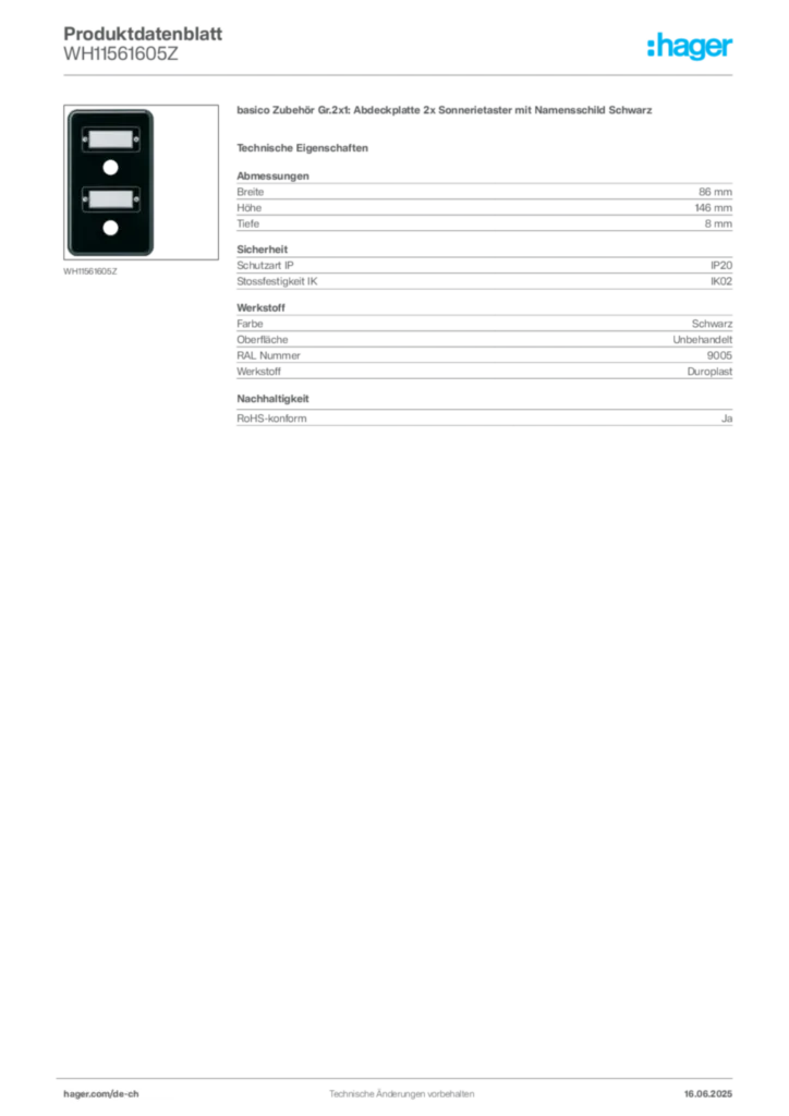 Bild Hager Produktdatenblatt WH11561605Z | Hager Schweiz