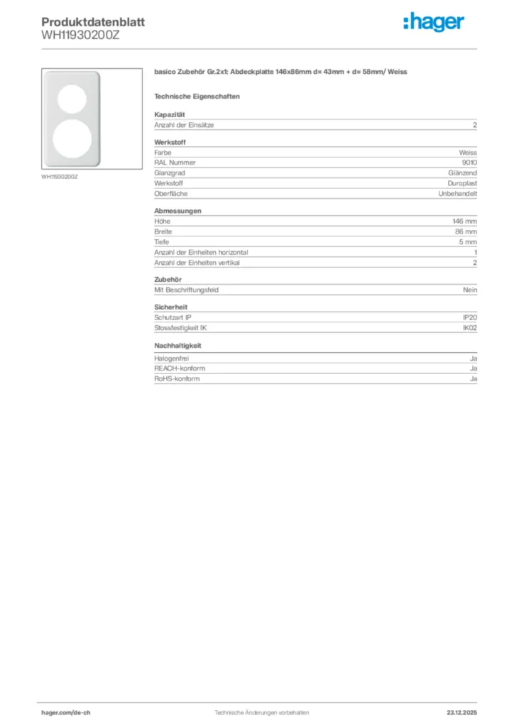 Bild Hager Produktdatenblatt WH11930200Z | Hager Schweiz