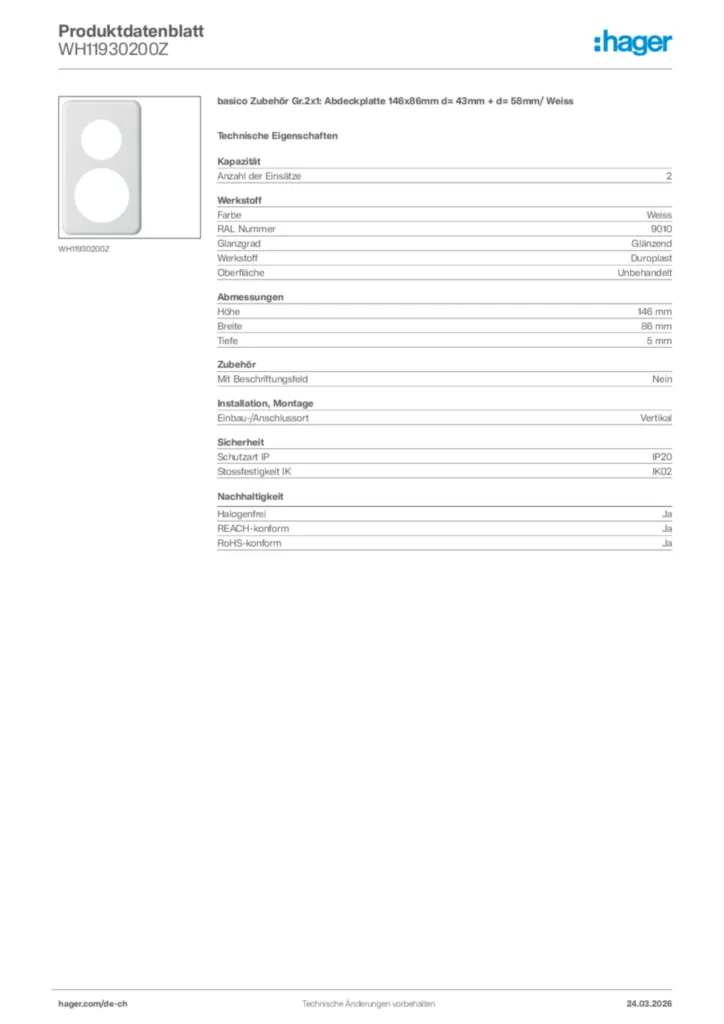 Bild Hager Produktdatenblatt WH11930200Z | Hager Schweiz