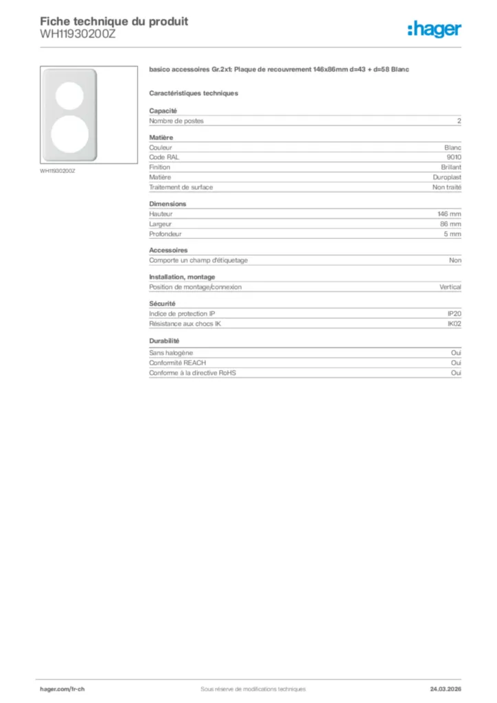 Image Hager Fiche technique du produit WH11930200Z | Hager Suisse