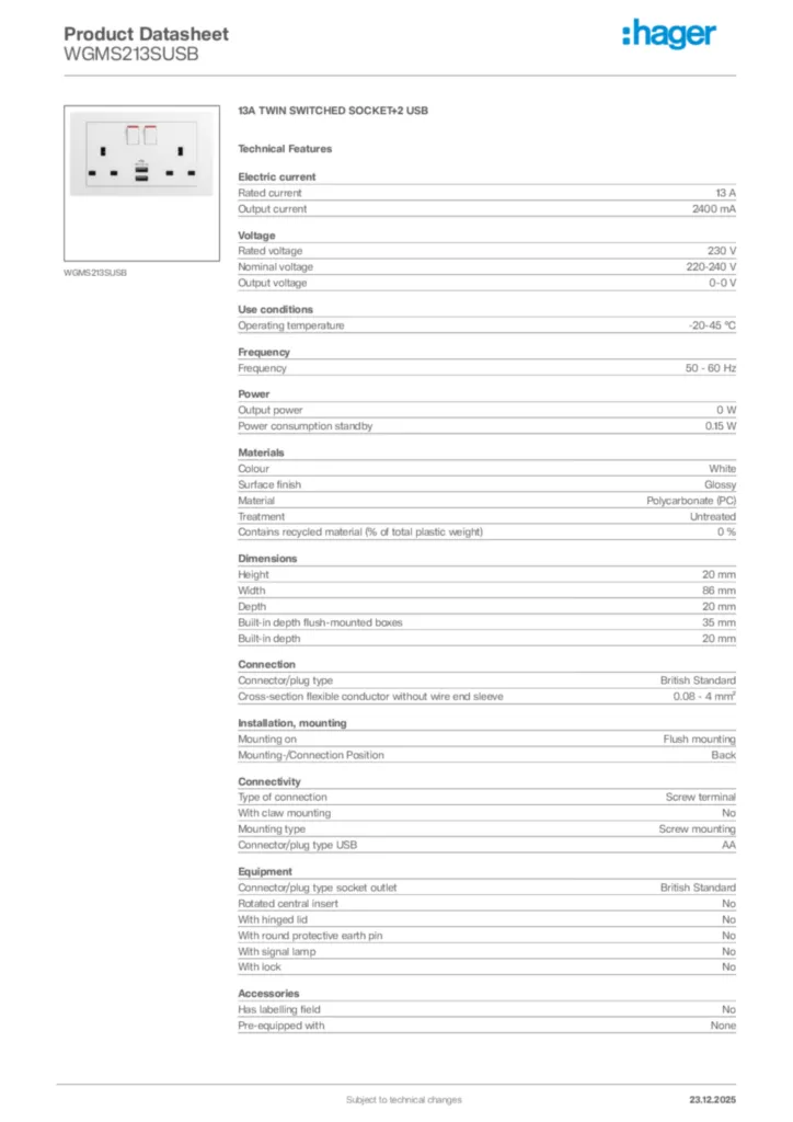 Image Hager Product data sheet WGMS213SUSB  | Hager Africa