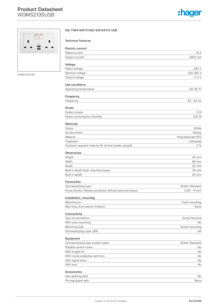 Image Hager Product data sheet WGMS213SUSB  | Hager
