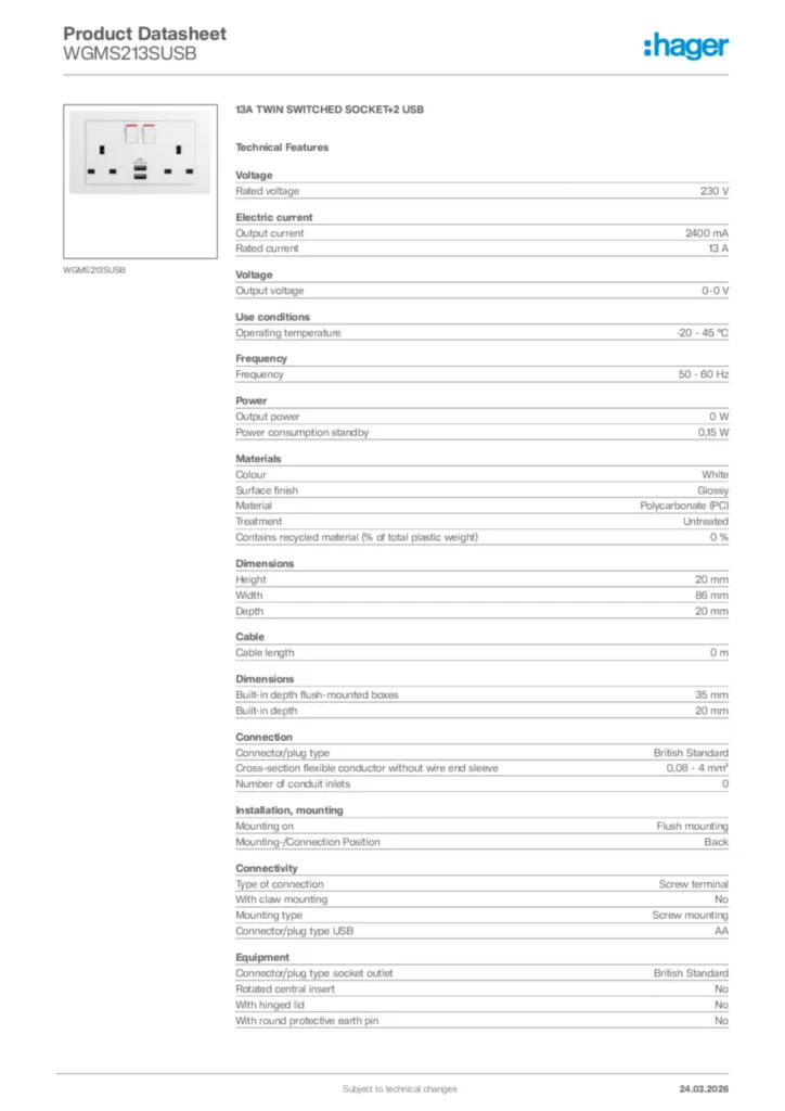 Image Hager Product data sheet WGMS213SUSB  | Hager