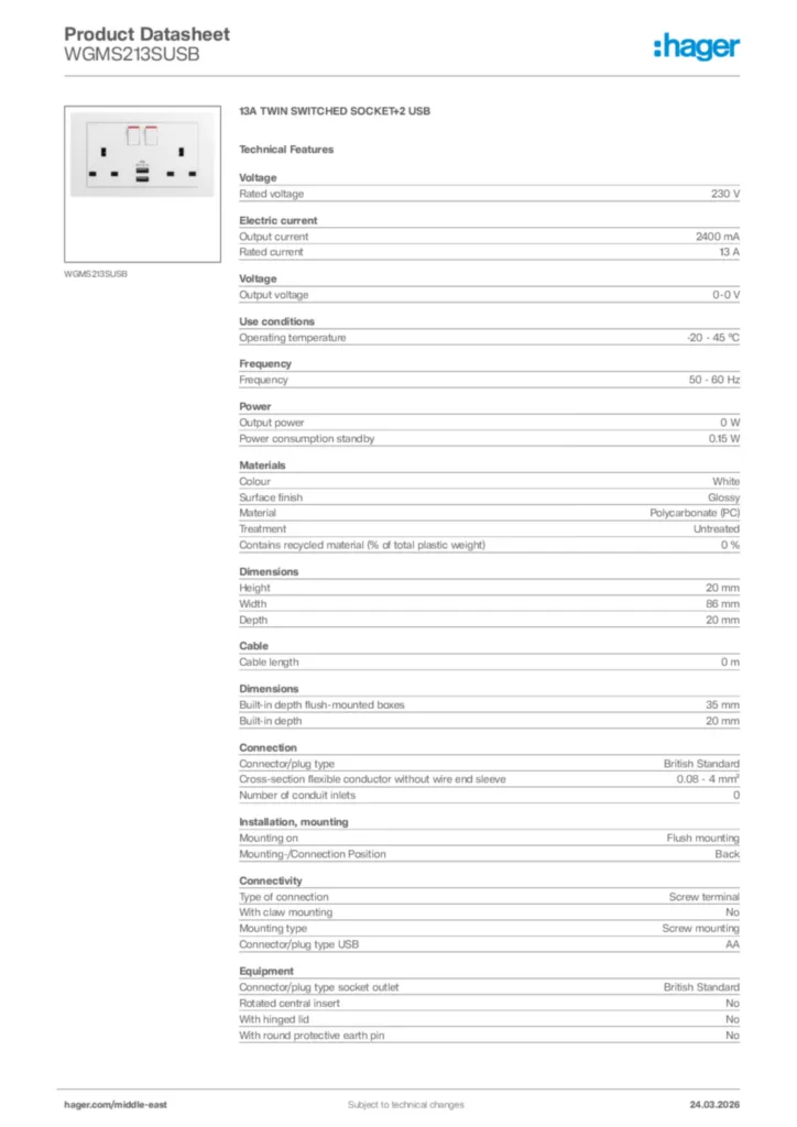 Image Hager Product data sheet WGMS213SUSB  | Hager
