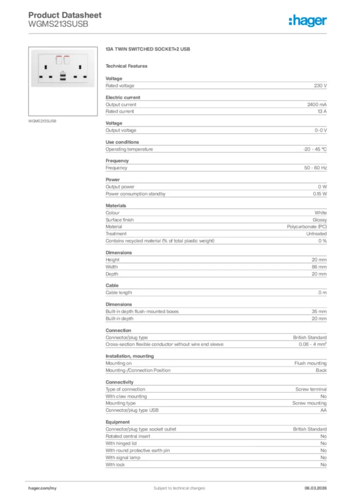 Image Hager Product data sheet WGMS213SUSB  | Hager