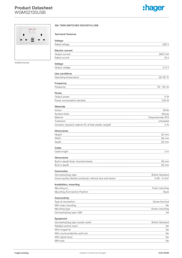 Image Hager Product data sheet WGMS213SUSB  | Hager
