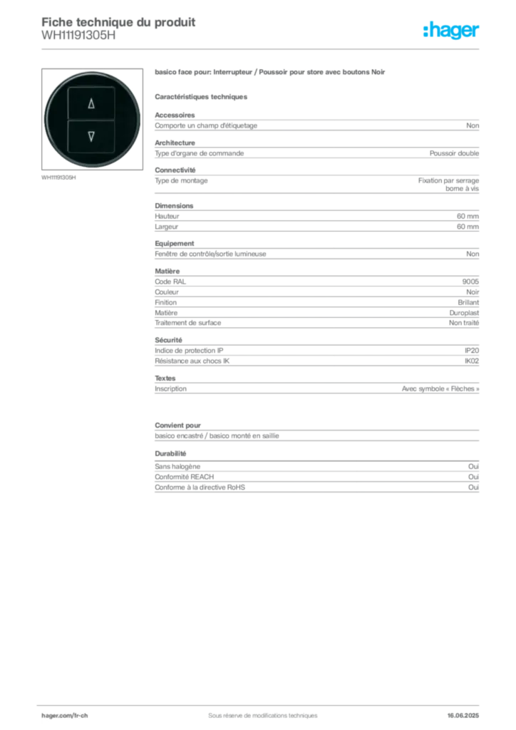Image Hager Fiche technique du produit WH11191305H | Hager Suisse