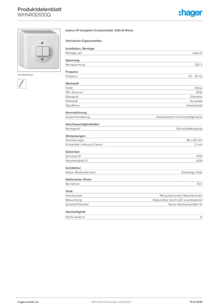 Bild Hager Produktdatenblatt WH14100100Q | Hager Schweiz