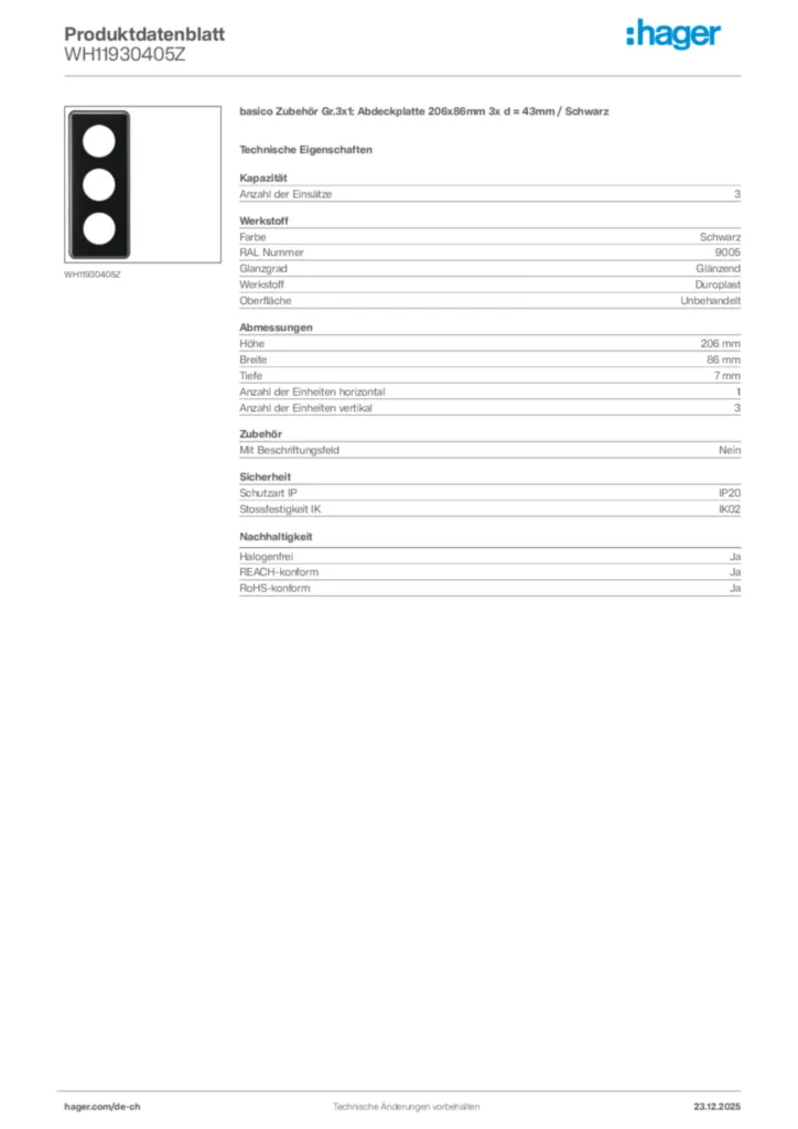 Bild Hager Produktdatenblatt WH11930405Z | Hager Schweiz