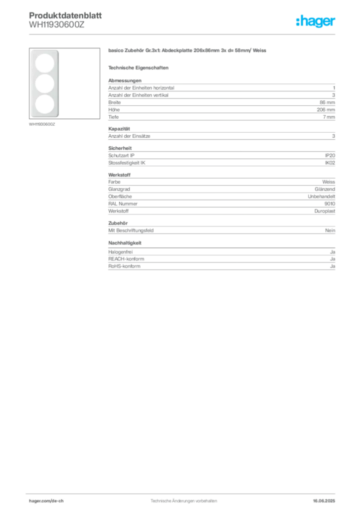Bild Hager Produktdatenblatt WH11930600Z | Hager Schweiz