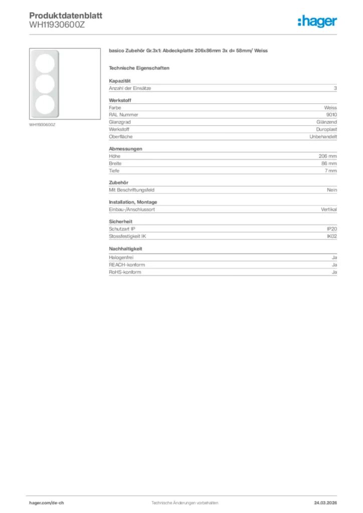 Bild Hager Produktdatenblatt WH11930600Z | Hager Schweiz