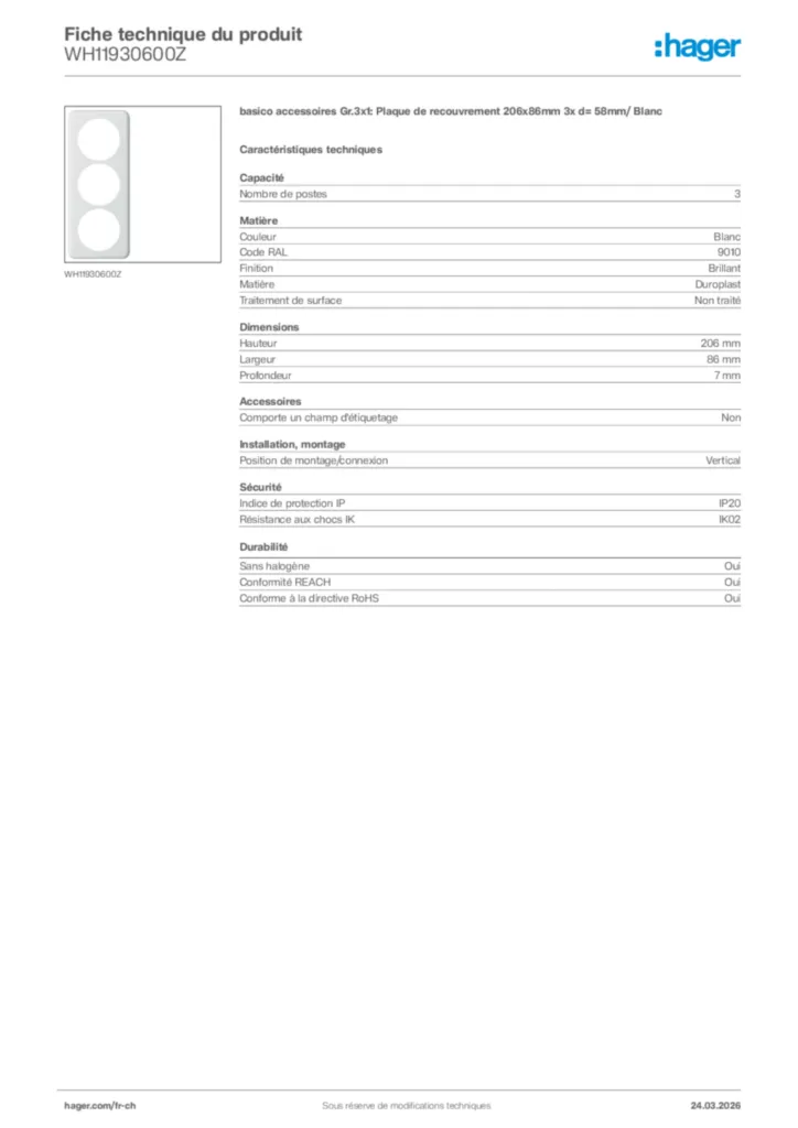 Image Hager Fiche technique du produit WH11930600Z | Hager Suisse