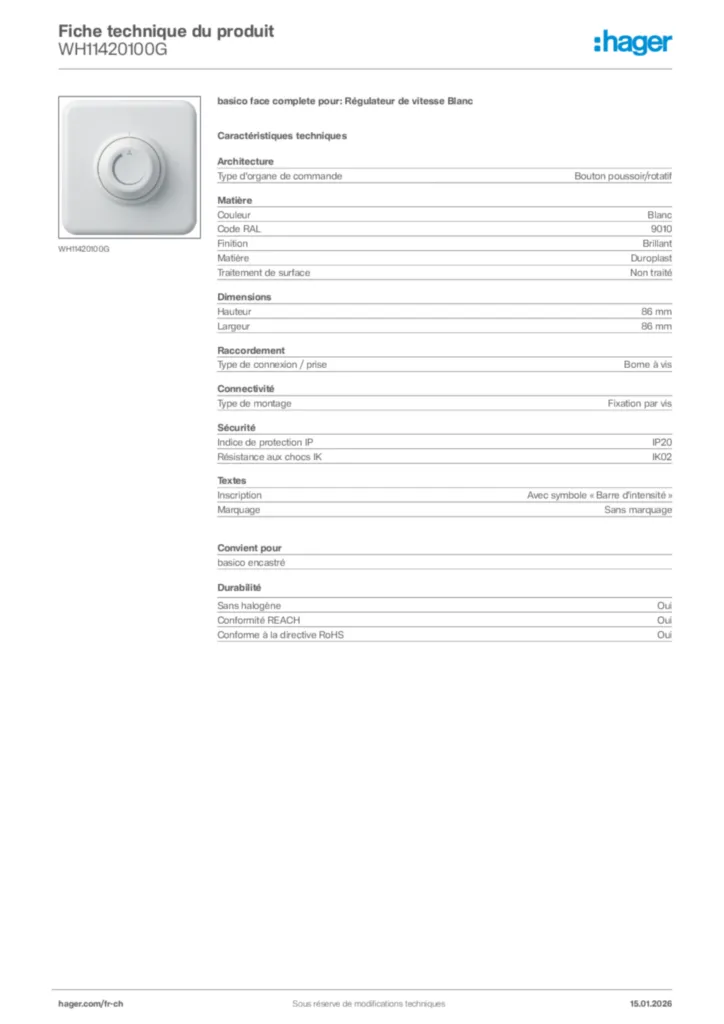 Image Hager Fiche technique du produit WH11420100G | Hager Suisse