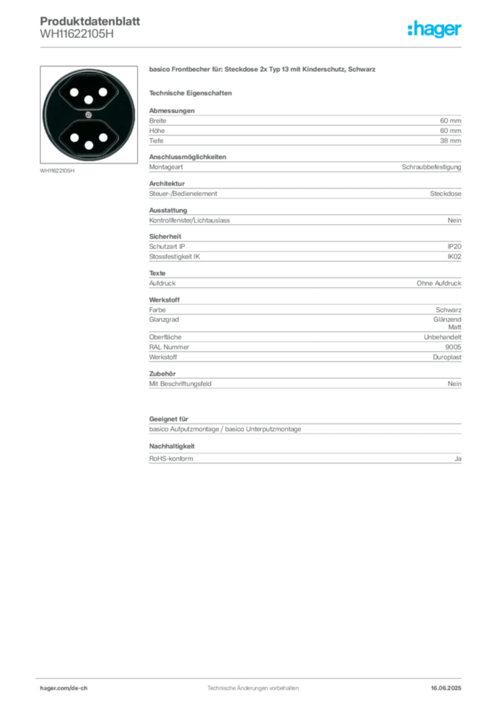 Bild Hager Produktdatenblatt WH11622105H | Hager Schweiz