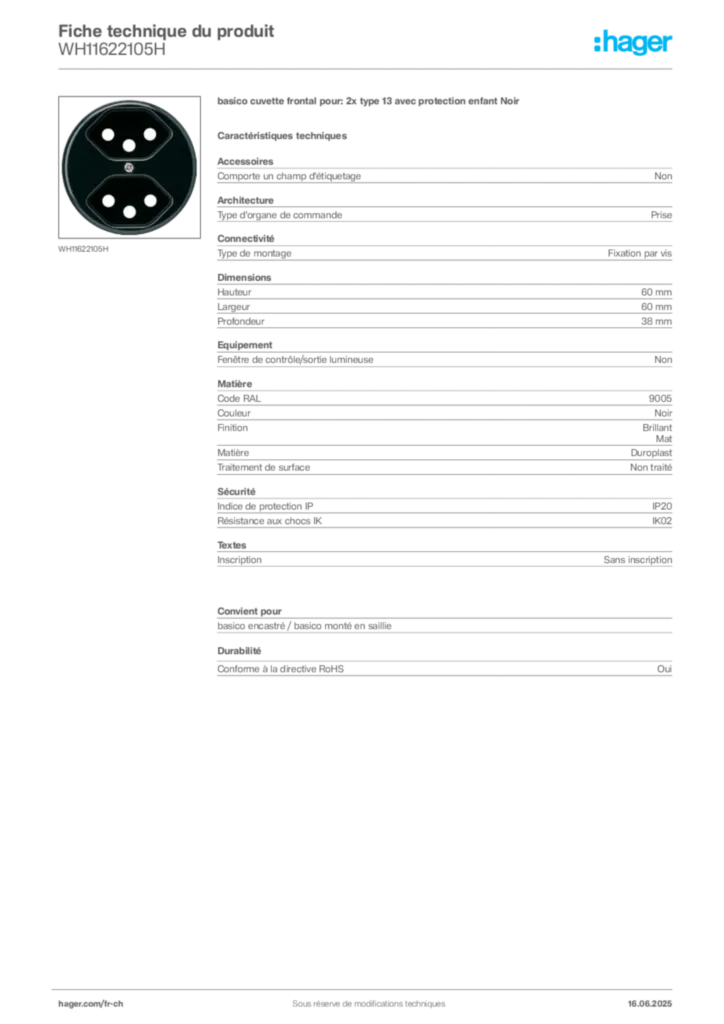Image Hager Fiche technique du produit WH11622105H | Hager Suisse