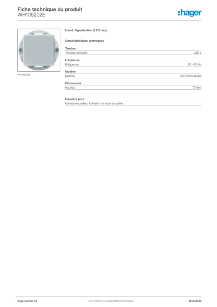 Image Hager Fiche technique du produit WH105202E | Hager Suisse