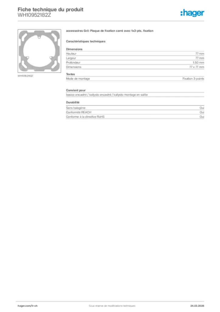Image Hager Fiche technique du produit WH10952182Z | Hager Suisse